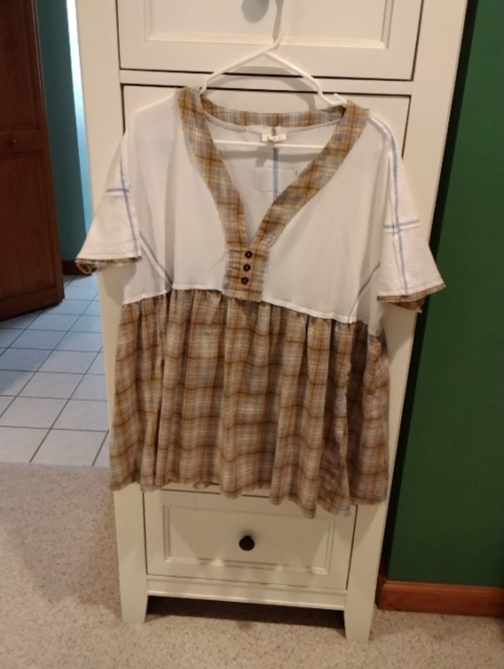 POL Ladies White Top with Tan Plaid Skirted Panel